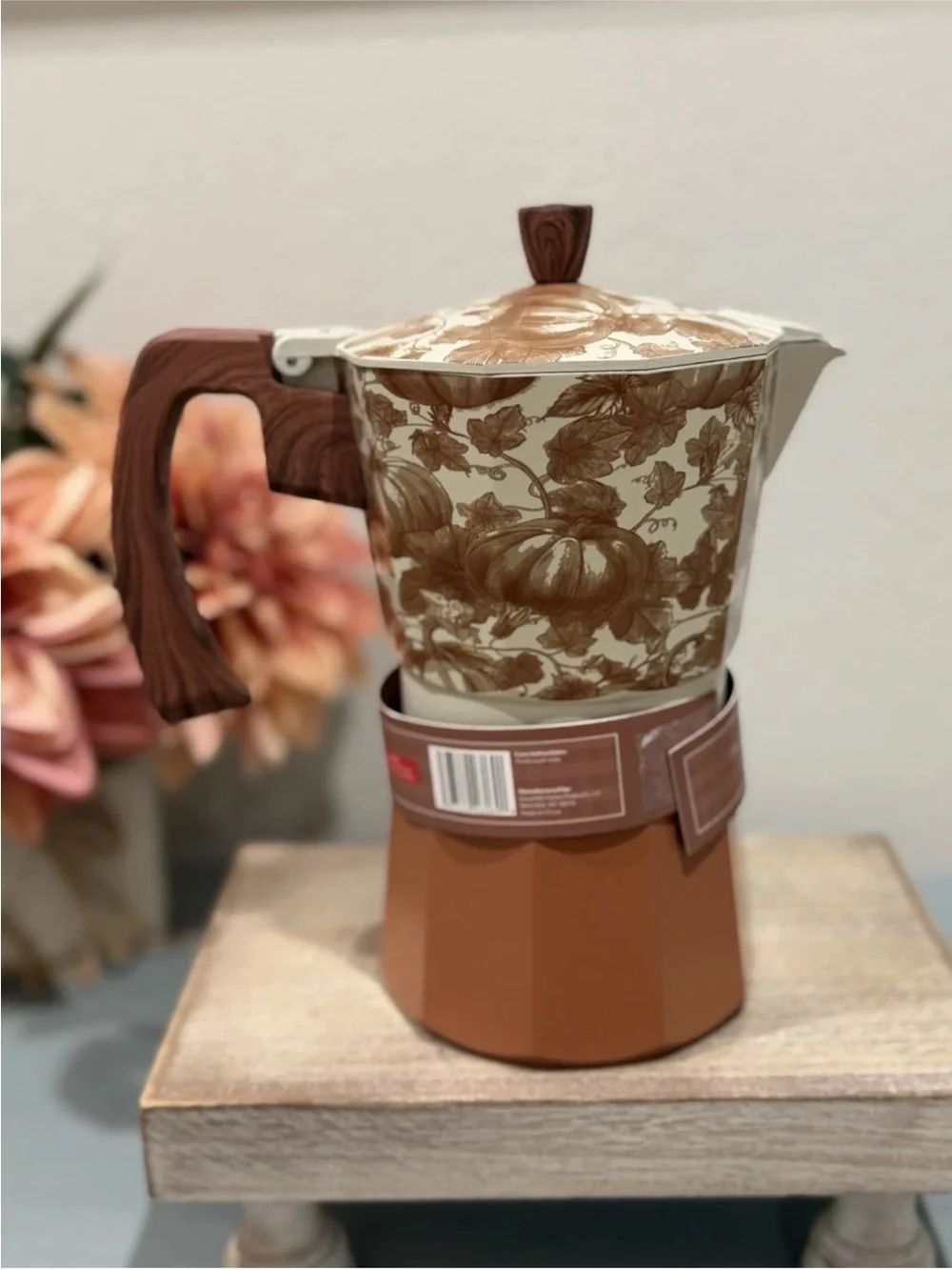Beautiful Stovetop Pumpkin Fall Espresso Maker 9 Cup Coffee W/ Solid Wood Handle